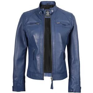 NEW DECRUM women's cafe racer leather jacket in blue